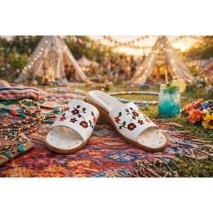 Naked Feet White Floral Embroidered Slip-On Sandals Boho Festival Womens Sz 7.5